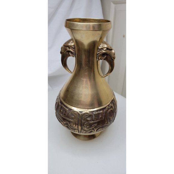 Brass Vase with Tiger Head & Tooth Handles - Korea - Approx. 11” Vintage - Picture 4 of 5